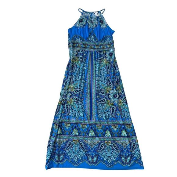London Times Blue Halter Style Maxi Dress - Size 16 - Picture 1 of 5